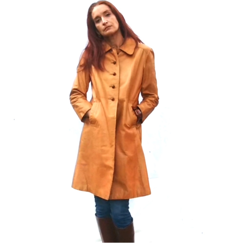 Vintage Cognac 1970s Leather Trench Coat- Size S